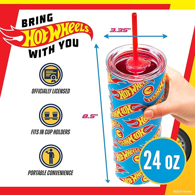 Dragon Glassware x Hot Wheels Insulated Tumbler with Lid and Straw - 24 oz Tumbler Cup with 2 Straws - Stainless Steel Tumbler with Straw for Water, Iced Tea - Travel Coffee Tumbler - Race Team