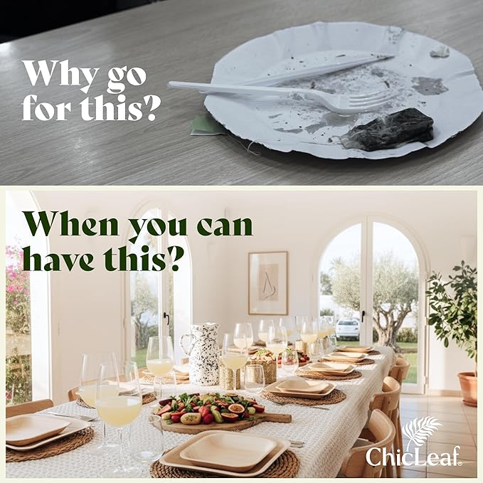 Chic Leaf Compostable & Biodegradable Palm Leaf Disposable Bamboo Plates - Disposable Party Plates for Appetizers - Camping Essentials - Reusable Party Supplies (10 & 7 Inch Square)