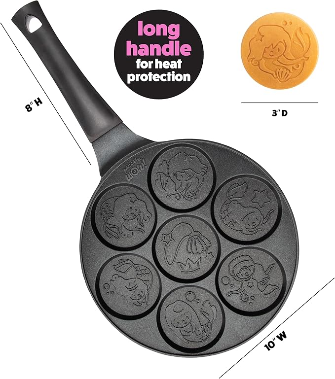 Mermaid Mini Pancake Pan - Make 7 Different Flapjack Mermaids, Nonstick Pan Cake Maker Griddle w Long Handle for Under the Sea Fun & Easy Cleanup, Unique Gift for Girls- Great for Breakfast or Brunch