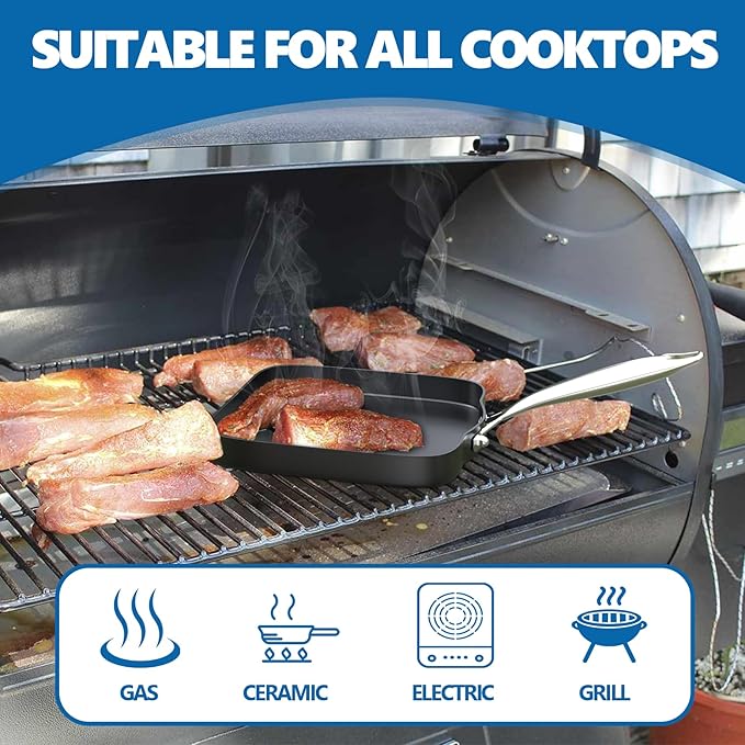 SafBbcue Square 11” Grill Pan Non-Stick Ceramic Coated, Durable Skillet Indoor & Outdoor Grilling, Oven Gas & Induction Safe, for Weber Charbroil Camp Chef Grill, Black