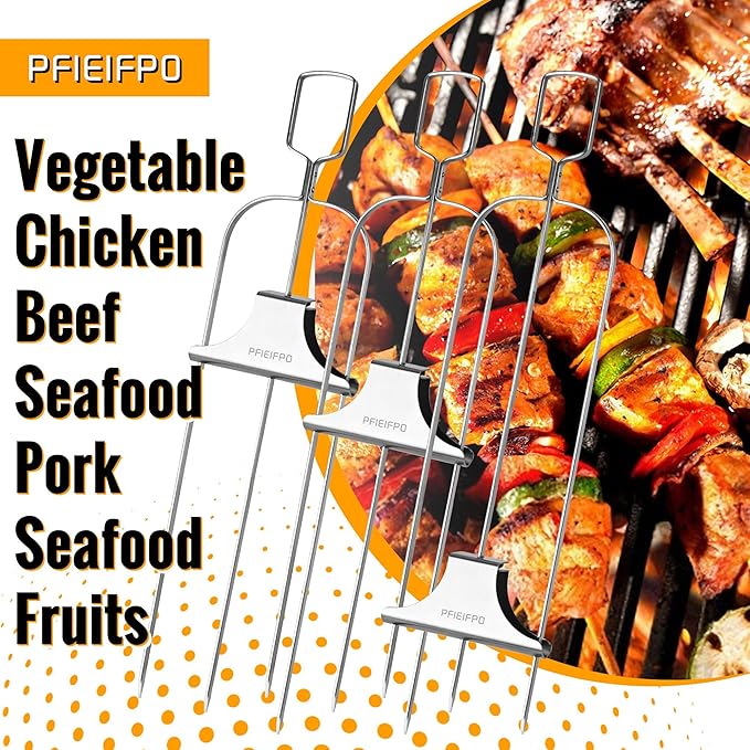 Grilling Savant 3 Way Skewers,14 Inch Metal Skewers for Grilling,Easy to Use Push Bar Slider, BBQ Accessory, Perfect for Meat,Veggies,Fruits,Marshmallow Roasting Sticks Grill Kabob Skewer.
