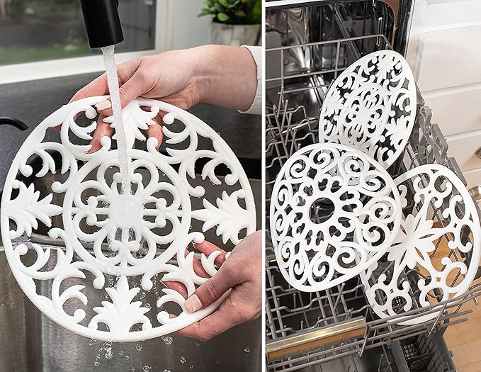 GASARÉ, Extra Large, Thick, 10" Silicone Trivets for Hot Dishes, Pots, and Pans, Hot Pads for Countertops, Flexible, Dishwasher Safe, 10 x ¼ Inches, Set of 3, White