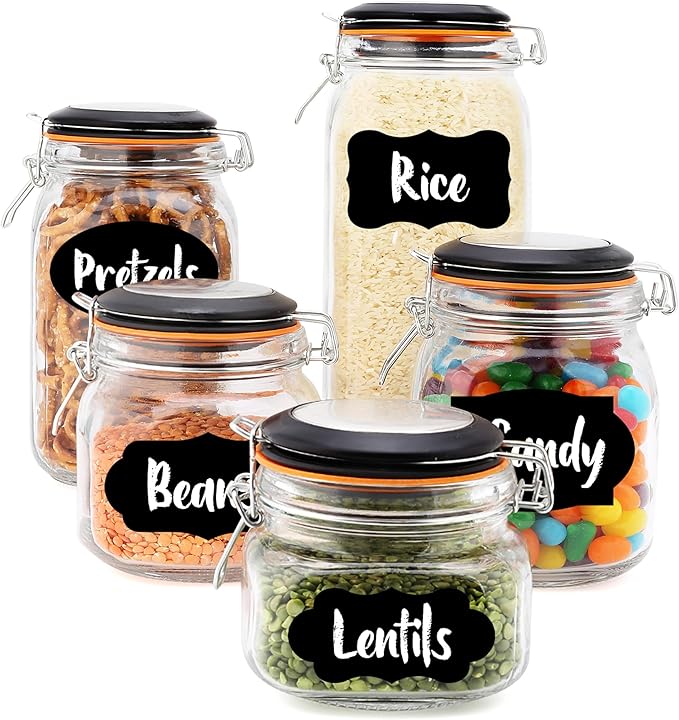 EatNeat 5‑Piece Airtight Glass Canister Set with Clamp Lids – 17 to 68 oz Jars for Kitchen Pantry Storage – Giftable Food Containers for Dry Goods & Countertop – Includes Labels & Marker