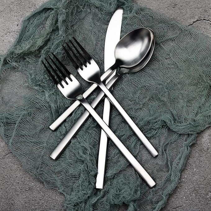 Alata Cube 20-Piece Forged Silverware Set Stainless Steel Flatware Set,Service for 4,Matte Satin Polished Cutlery Set,Dishwasher Safe