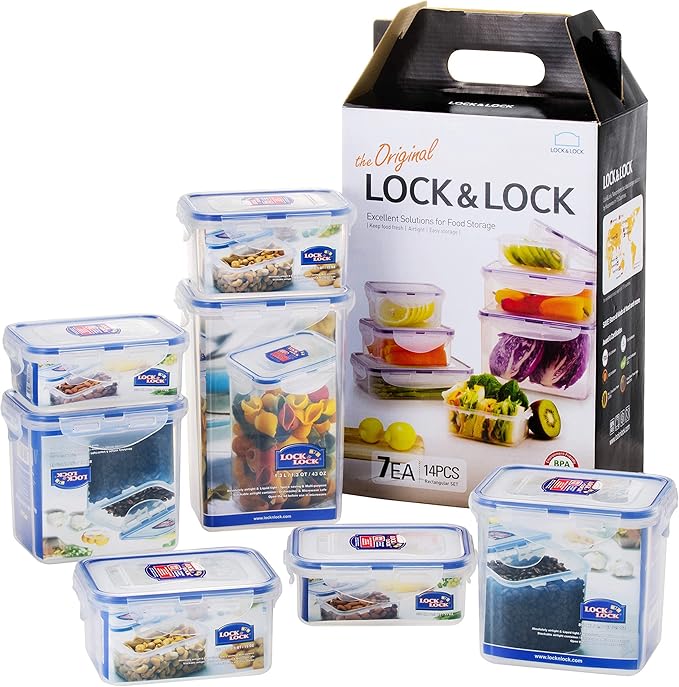 LOCK & LOCK Easy Essentials Food Storage lids/Airtight containers, BPA Free, 14 Piece - Tall Rectangle, Clear