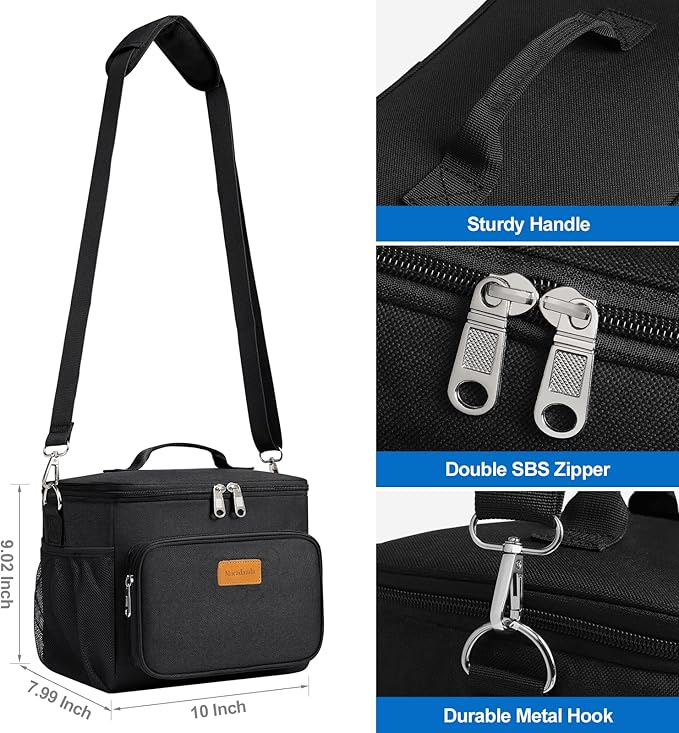 Macadamla Weinas Lunch bag for Women/Men,Reusable Lunch Box Leakproof Cooler Bag for Adult,Collapsible Lunch Bag with Adjustable Shoulder Strap for Work Office Picnic Beach Black
