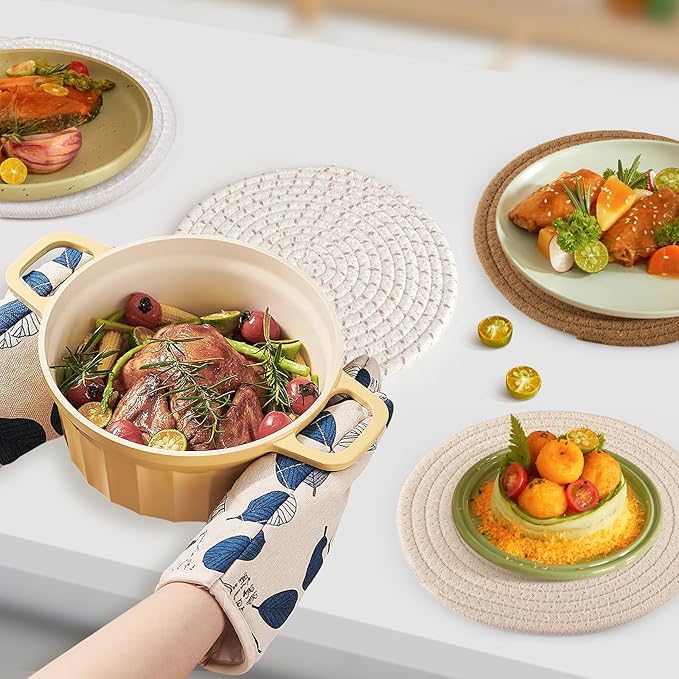 8" Trivets for Hot Dishes, Hot pots and Pans,6 Heat Resistant Hot Pads and Storage Basket 1 Pack,Pot Holders for Kitchen, Hot Plate Mats for Kitchen Countertops