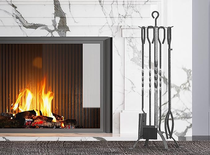 Fire Beauty 5 Pieces Fireplace Tools Sets Fireplace Accessories Tools Holder with Handles Tools for Indoor Fireplace Decor Outdoor Fire Pit Modern Tool(Pewter)