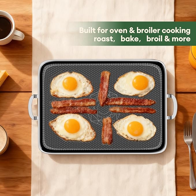Stainless Steel Double Burner Griddle Pan, Nonstick Flat Top Grill Plate with Stainless Steel Handles, Induction Ready, Compatible with All Cooktops, Dishwasher-Friendly, Oven-Safe, Rectangular