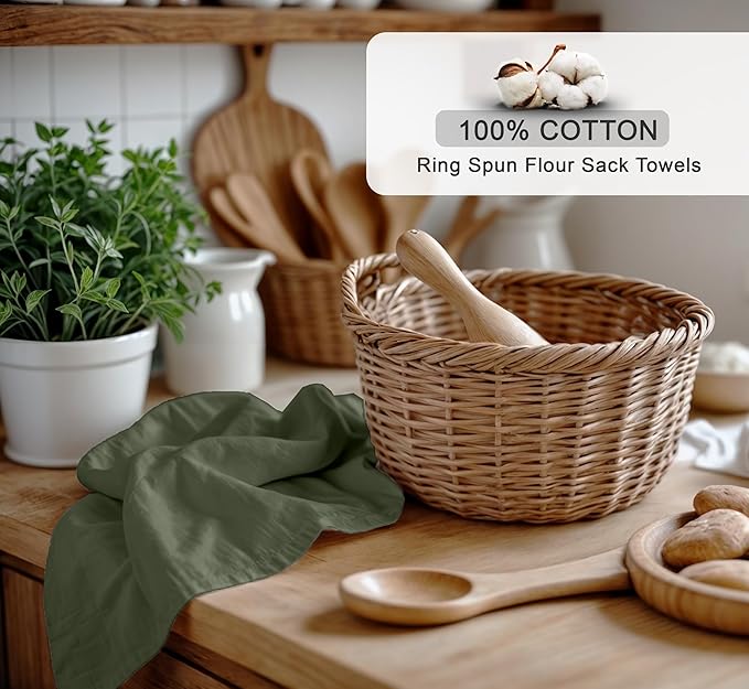 ZOYER Flour Sack Towels 28" x 28", 12 Pack - 100% Cotton Dish Towel - Machine Washable TeaTowels, Ultra Absorbent BarTowels, Dish Cloth Perfect for Drying Dishes & Cleaning - Olive