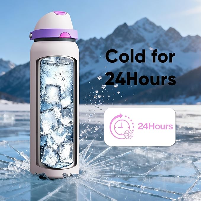 Insulated Water Bottle with Straw - Encool Stainless Steel Water Bottle with Push Button Lid, Leak-Proof & BPA-Free, Keeps Cold for 24 Hours for Sports, Travel, Gym (40 oz, Oyster Pink)