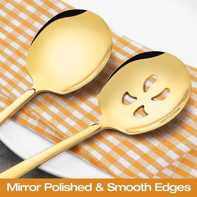 Extra Large Serving Spoons Set 11.7-Inch Gold Serving Slotted Spoon x 3 Serving Spoon x 3, 18/8 Stainless Steel Big Serving Utensil for Buffet, Parties, Catering - Dishwasher Safe(6-Pack, Gold)