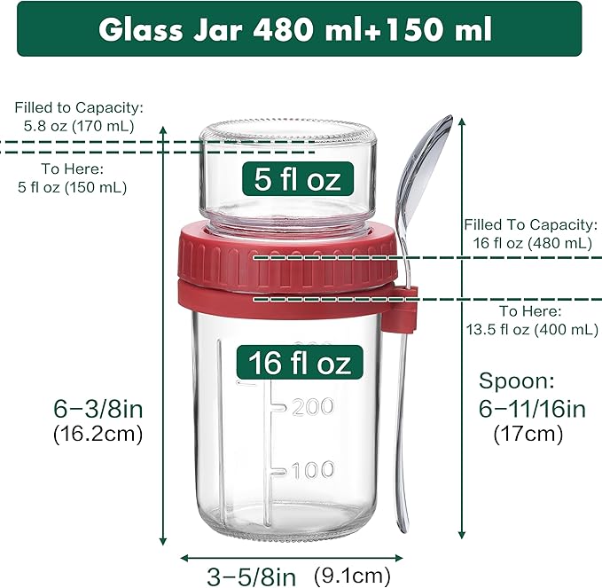 Danmu 4 Pack Overnight Oats Containers with Lids 16 oz,Dual-Layer Yogurt Parfait Cups with Lids,Meal Prep Containers Glass for Snack,Overnight Oats,Yogurt,Parfait,Salad Dishwasher Safe