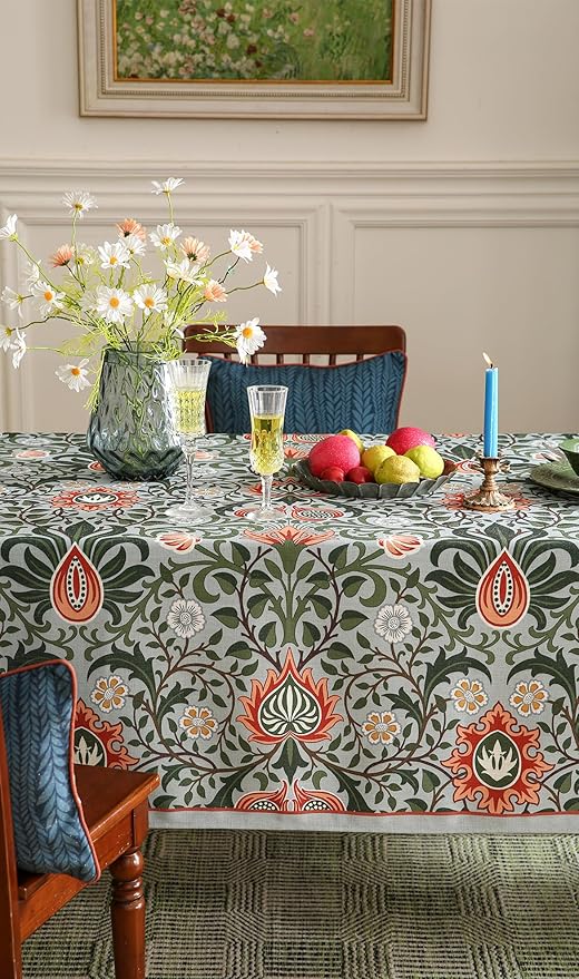 ISAENNE Designer Bohemian Linen Green Long Tablecloth Rectangle,Floral Indoor Table Cloth,Stain Resistant Decor Tablecloths for Dining Thanksgiving Kitchen Party Christmas,63"*94"-Naples