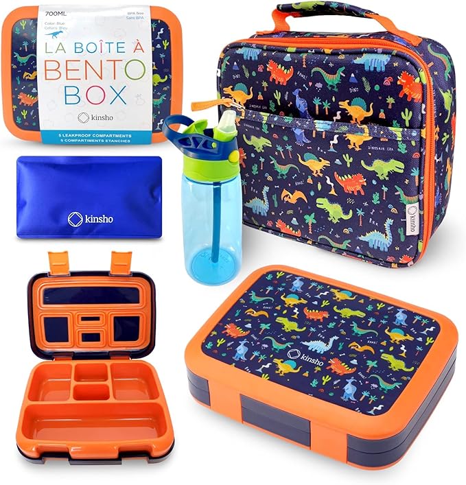 kinsho Bento Lunch Box with Insulated Bag, Water Bottle&Ice Pack Set for Kids Toddlers,5 Portion Sections, BPAFree Removable Tray, PreSchool Kid Toddler Daycare Lunches, Snack Container,Blue Dinosaur