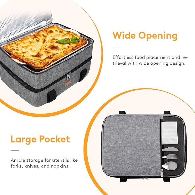 LUNCIA Double Decker Insulated Casserole Carrier for Hot or Cold Food, Lasagna Holder Tote for Potluck Parties/Picnic/Cookouts, Fits 9"x13" Baking Dish, Grey