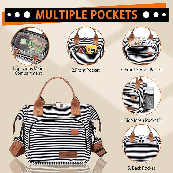 TuErCao Small Lunch Bag Lightweight Insulated Lunch Box for Women Work Portable Soft Cooler for Picnic Travel Road Trips, Loncheras para Mujer, Stripes