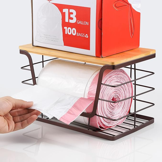 ALOCEO Storage Basket for Kitchen Pantry Organizers and Storage, Stainless Steel Extra Large Trash Bag Dispenser Under Sink, Brown