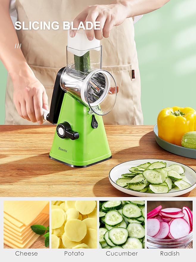 Rotary Cheese Grater with Handle, Reemix Vegetable Cheese Shredder Slicer Grater for Kitchen 3 Changeable Blades for Cheese Potato Zucchini Nuts Chocolate (Green)