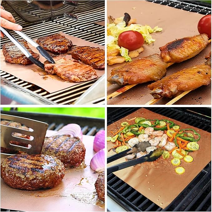 Renook Copper Grill Mats for Outdoor Grill, Set of 8 BBQ Grill Mat for Outdoor Gas Grill, Non-Stick Copper Cooking Sheets, 15.75 X 13 Inch