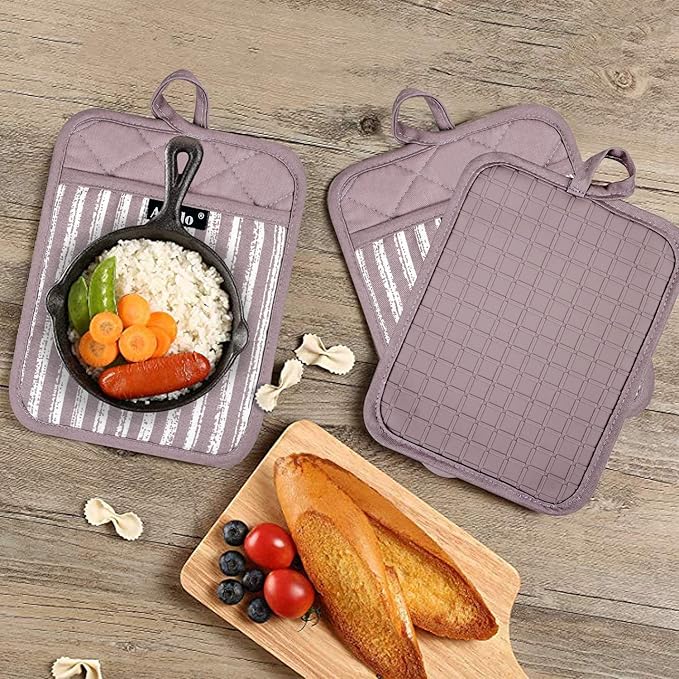 Silicone Pot Holders Set of 3 Heat Resistant & Non Slip Potholders, Professional Oven Hot Pads with Pockets Mitts for Kitchen Cooking Baking Barbecue (3, Purple)