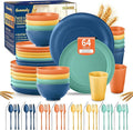 Wheat Straw Dinnerware Sets,64-Piece Plates and Bowls Sets for 8-Unbreakable,Reusable Plastic Dish Set-Dinner Plate/Dessert Plate/Cereal Bowl/Cup/Utensils-Dishwasher Safe 64P-JadePeak Lake Sunset