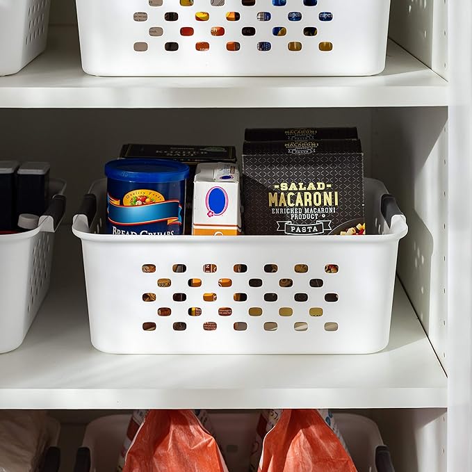 IRIS USA Plastic Basket, 4-Pack, Medium, Shelves Storage Basket for Organizing Pantry, Office, Craft Room, Cabinet, Bedroom, Closet, Laundry Room, White