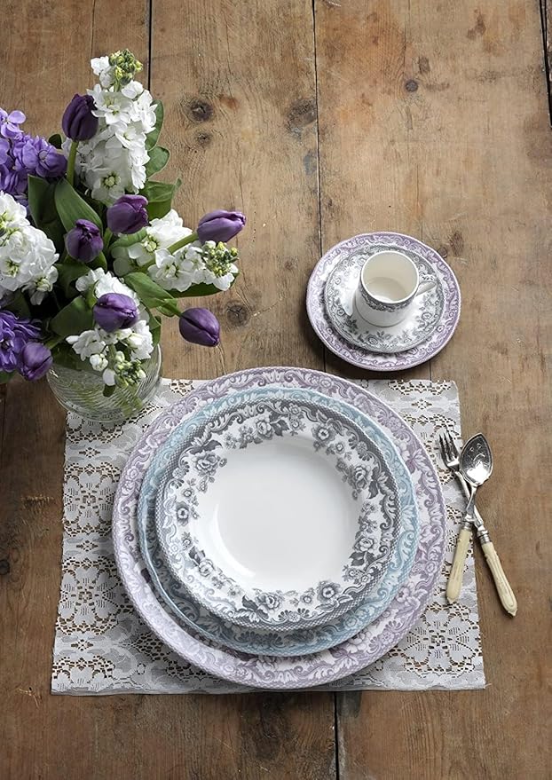 Spode Delamere 5-Piece Place Setting – Rich Brown British Flowers Border, Includes Dinner, Salad, Bread Plates with Teacup & Saucer – Fine Earthenware, Dishwasher, Microwave, Oven & Freezer Safe