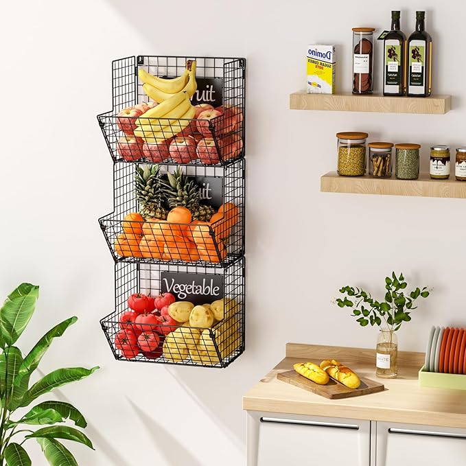 X-cosrack Metal Wire Basket Wall Mount, 3 Tier Wall Storage Basket Organizer with Hanging Hooks Chalkboards, Rustic Kitchen Fruit Produce Bin Rack Bathroom Tower Baskets (Black)