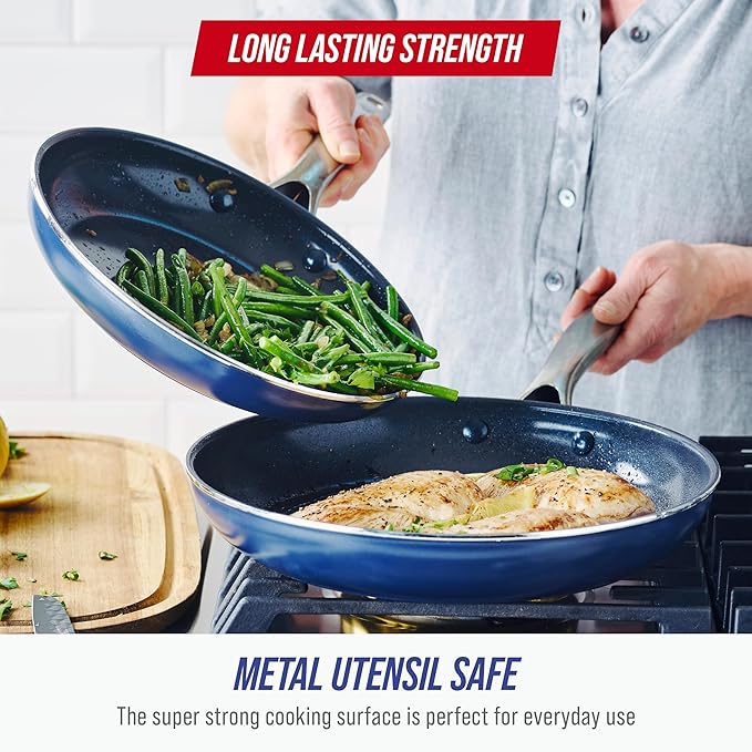 Blue Diamond 9.5” & 11" Nonstick Frying Pan Skillet Set, Diamond Infused PFAS & PTFE-Free Ceramic Pots & Pans, Dishwasher & Oven Safe, Stay Cool Handles, Durable Non Toxic Metal Utensil Safe, Blue