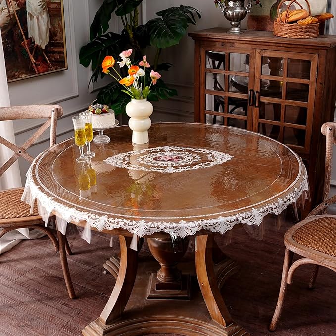 Waterproof Clear Table Cover Protector Vinyl Round Table Cloth with Lace Pattern Oil Spill Proof Wipe Clean Plastic Tablecloths for Dining Tables (French Lace, 55 Inches Round)