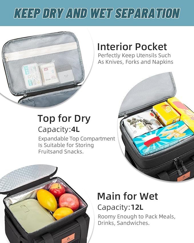 HSHRISH Lunch Box, Large Double Deck Expandable Insulated Lunch Bag, Durable Waterproof Leakproof Tactical Cooler Bag with Flag for Men/Work picnic Trips, 24 Cans/16 L, Black