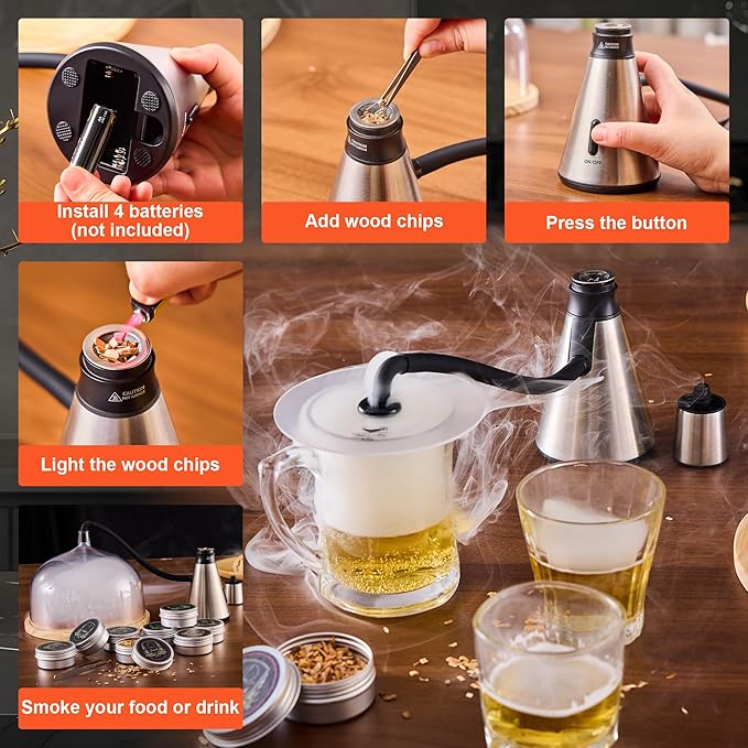 Elegant Cocktail Smoker Kit - Complete Whiskey Drink Smoking Gun with 8 Flavors of Wood Chips, Dome, and Accessories, Adds Flavor to Food and Drinks, Infuser Kit for Indoor Outdoor Use