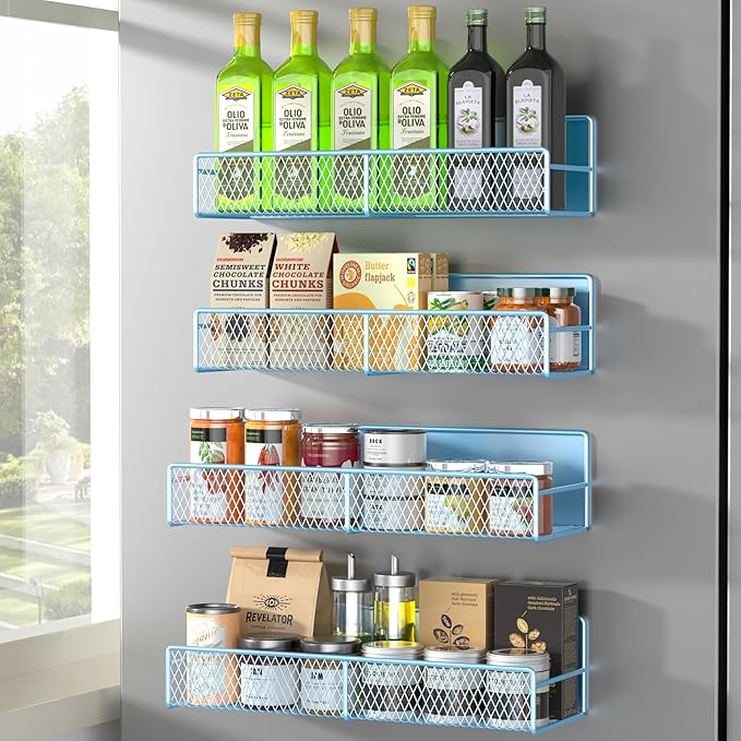 Magnetic Spice Rack for Refrigerator, 4 Pack 100% Metal Strong Magnet Fridge Shelves, Space Saving Spice Organizer, No Drilling Moveable Home Kitchen Laundry Room Storage Organization, Blue
