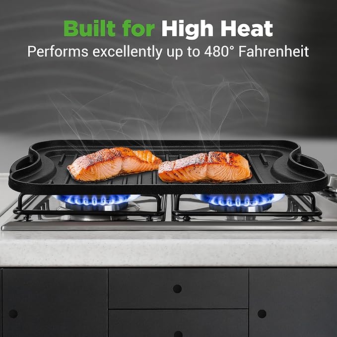 NutriChef 20"x10" Reversible Cast Iron Griddle Pan – Flat & Grill Sides, Pre-Seasoned, Oven Safe, Extra-Wide, PFOA & PFOS Free, for Gas, Electric, or Outdoor Cooking