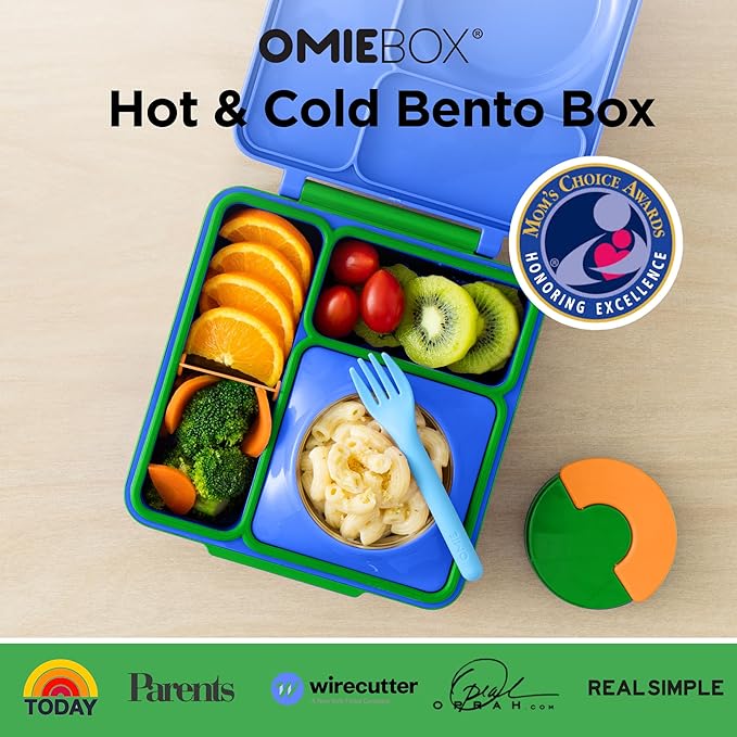 OmieBox Bento Box for Kids - Insulated Bento Lunch Box with Leak Proof Vacuum Insulated Food Jar - 3 Compartments, Two Temperature Zones (Monster Blue)