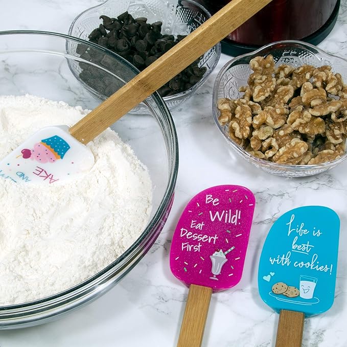 3 Piece Fun Silicone Spatula Gift Set with lovely bow and photo gift card. Easy clean, durable, high temperature and stain resistant. Bamboo handles. Great for gifts, baking, cooking, sauteing.