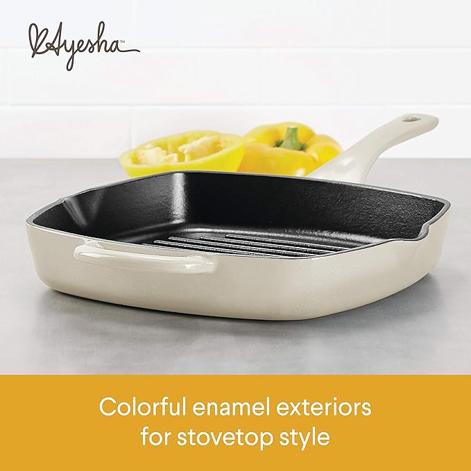 Ayesha Curry Collection Cast Iron Square Grill Pan with Pour Spouts, 10-Inch, French Vanilla