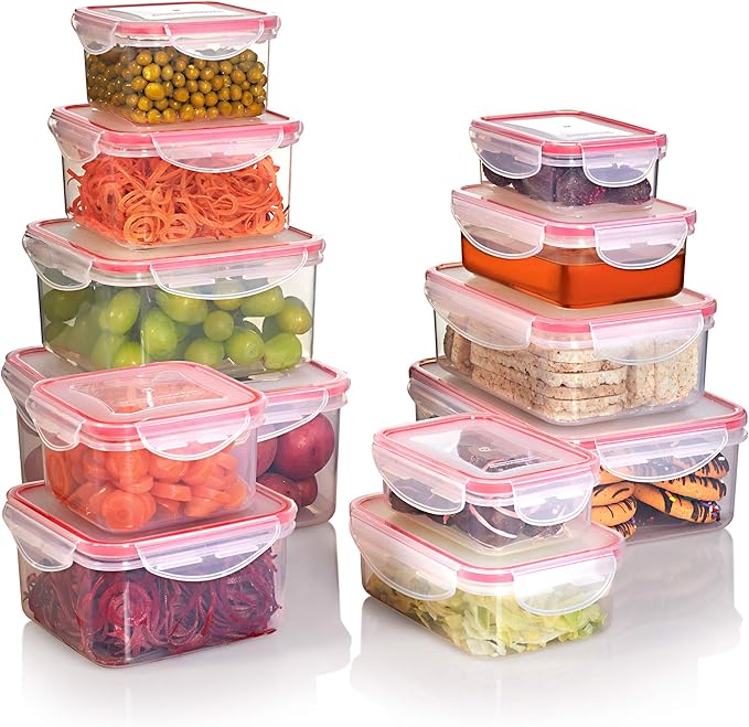Food Storage Containers with Lids – 12 Pack Set (24 Pieces Total) -Reusable Plastic Containers – BPA-Free, Stackable, Microwave, Dishwasher, Freezer Safe – Airtight