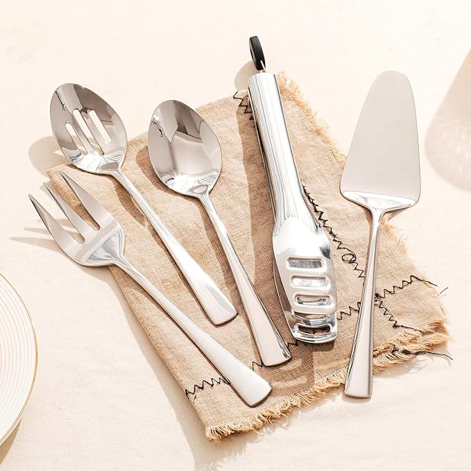 KINGSTONE 5 Piece Serving Utensils Set, 18/10 Stainless Steel Serving Utensils Large, Serving Spoon, Slotted Spoon, Fork, Tong, Cake Server for Buffet, Parties, Kitchen,Entertaining, Wedding