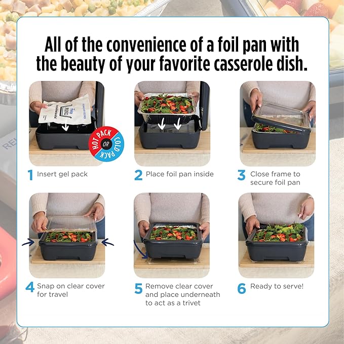 Fancy Panz - Denim Blue Premium Aluminum Foil Pan Carrier with Lid & Hot/Cold Pack - Elevated Food Serving Tray - Portable Casserole Carrier with Lid - Made in the USA Hosting Essentials