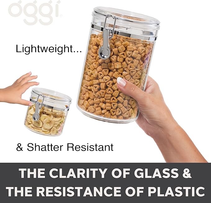 Oggi Jumbo Clear Canister with Clamp Lid, 150 oz - Airtight Food Storage Container, for Kitchen & Pantry Storage of Bulk, Dry Foods Including Pasta, Flour, Sugar, Coffee, Rice, Tea, Spices & Herbs