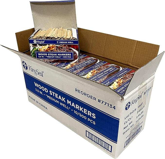 KingSeal 500 Count 3.5 Inch Natural Birch Wood Steak Markers, Heat Stamped, MED Well, Eco-Friendly, Bulk Pack - 500 Count Per Box