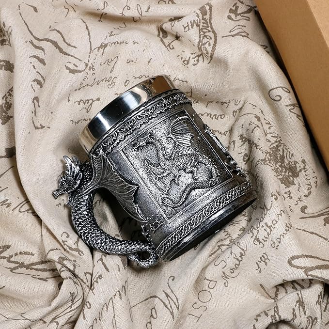 Medieval Roaring Dragon Coffee Mug - Dungeons and Dragons Beer Stein Tankard Drink Cup - 15.8oz Stainless Mug for GOT Dragon Lovers Collector Ideal Novelty Gothic Father Day Gift Party Decoration