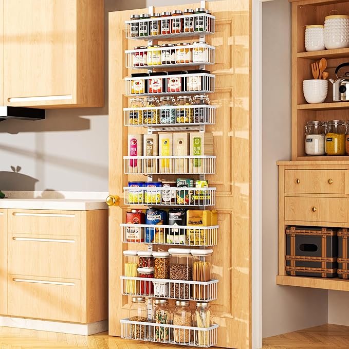 Moforoco 9-Tier White Over The Door Pantry Organizer, Pantry Organization and Storage, Black Hanging Basket Wall Spice Rack Seasoning Shelves, Home & Kitchen Bedroom Bathroom House Essentials