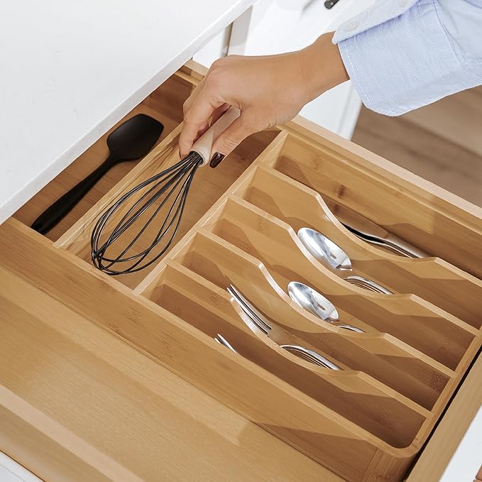 KitchenEdge Silverware Organizer - Cutlery, Flatware, and Utensil Holder for Kitchen Drawers, Fixed 10.5” Width, 7 Storage Compartments, Non-Slip Feet, Rounded Corners, 100% Bamboo