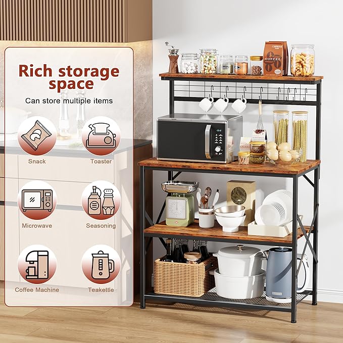 Furologee Kitchen Bakers Rack with Hutch,Coffee Stand with Storage 4 Tiers,Coffee Bar Station with a 31.5 Inch Larger Desktop and 8 S Hooks,Kitchen Microwave Rack for Spices,Pots,Rustic Brown