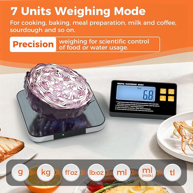 Food Kitchen Scale - TRUDIN Digital Food Weight Grams and Oz,USB Charging,Max.22lb/10kg,1g/0.05oz Accuracy,5 Units with Large Backlit LCD,Waterproof Easy-Clean (Light Silver)