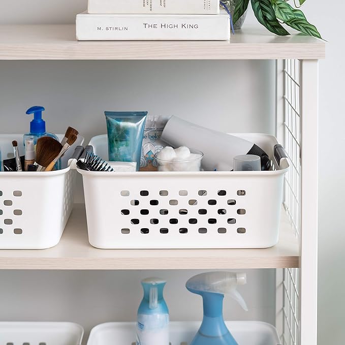 IRIS USA Plastic Basket, 4-Pack, Medium, Shelves Storage Basket for Organizing Pantry, Office, Craft Room, Cabinet, Bedroom, Closet, Laundry Room, White