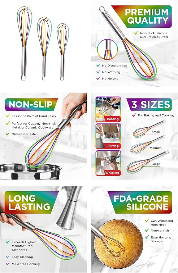 Silicone Whisk Set - Non-Scratch Set of 3 - Mini & Small Sizes - Stainless Steel Whisk - Cookware Wisking Tool